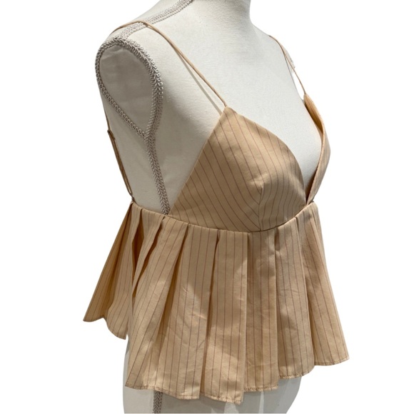 NWT Zara Pleated Tank Top - Cotton | Cream + Pinstripes | V-Neck (Medium) - Picture 5 of 14